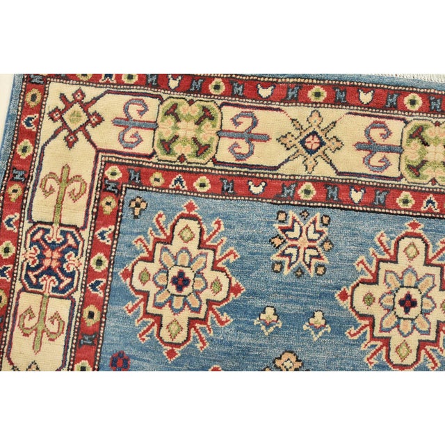 Kazak Rug 4′ X 5’10” Blue Wool Tribal Hand-Knotted Oriental Carpet For Sale In Philadelphia - Image 6 of 12