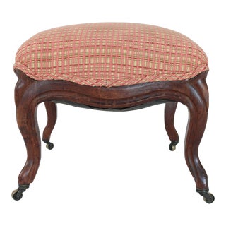 Antique French Upholstered Carved Walnut Footstool For Sale