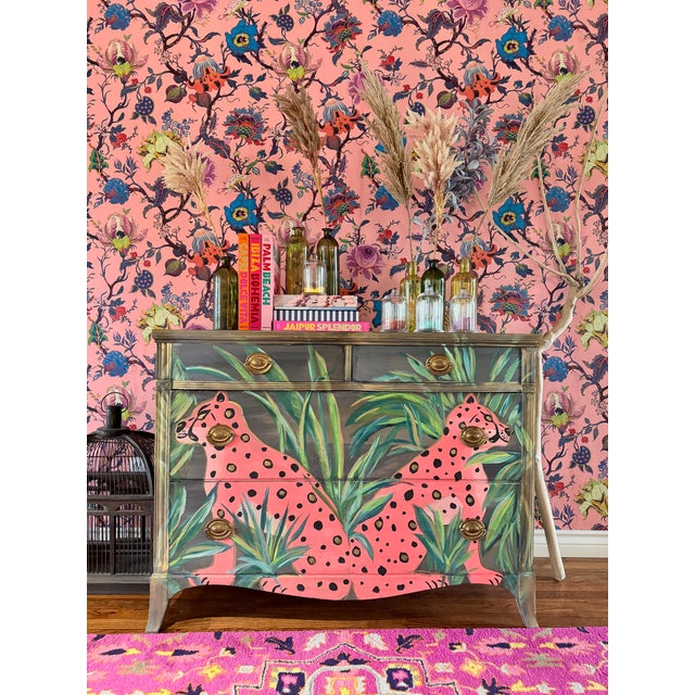 1940s 1940s One-of-a-Kind Hand-Painted Pink Leopard Palm Beach Regency Chest by Dionne Woods For Sale - Image 5 of 6