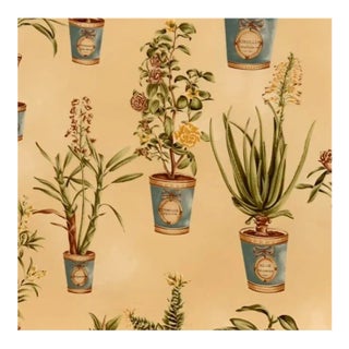 Hand-Printed European Fabricut Vervain Botanique Green Rusty-Red Turquoise Yellow Botanical Potted Floral Fabric- 3 Yards For Sale