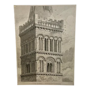 Antique Architectural Print of Medieval Castor Tower, Known as St Kyneburgha, a Romanesque Tower Located in Northamptonshire, England - Circa 1829