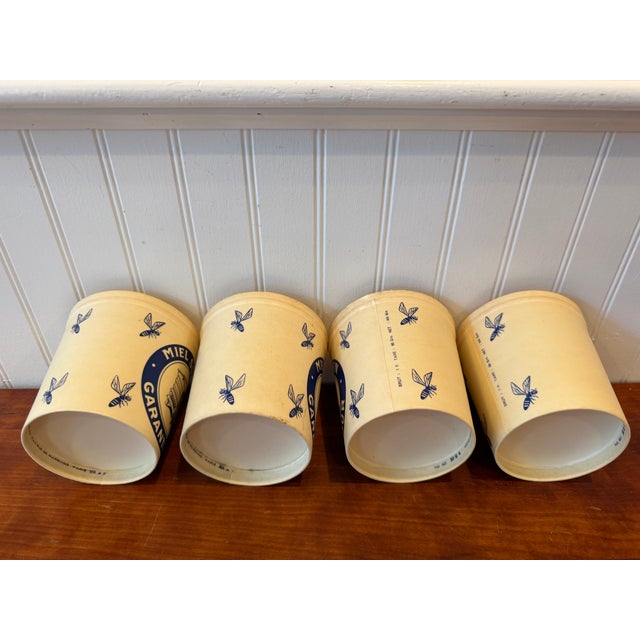 1970s French "Miel Surfin" Wax-Coated Honey Pots – Set of 4 – New Old Stock – Blue & Cream Beehive Containers For Sale - Image 12 of 13
