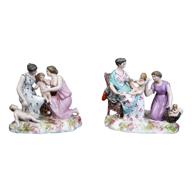 Polychrome Porcelain Sculptures Depicting Scenes of Motherhood from Meissen, Late 19th Century, Set of 2 For Sale