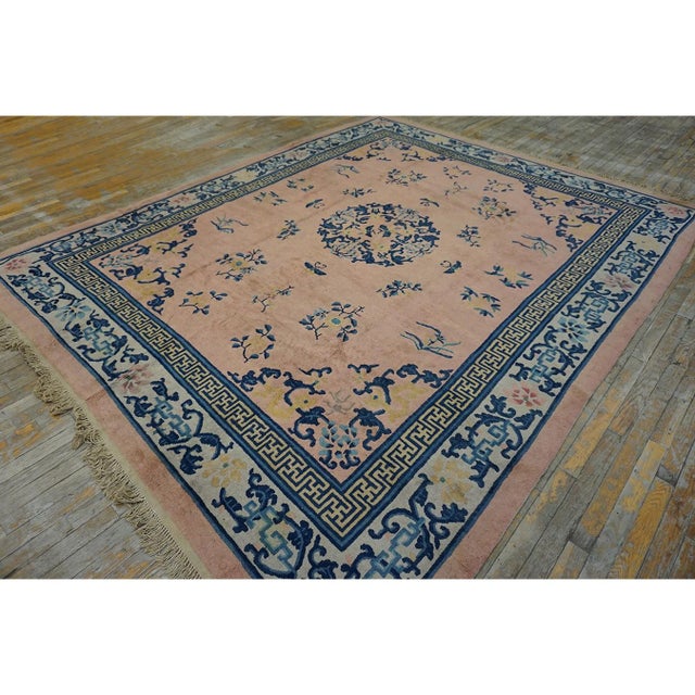 Art Deco 1930s Pink Rose Medallion Oriental Antique Chinese Peking Knotted Rug 8' X 10' For Sale - Image 3 of 8