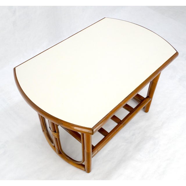 Bamboo Rattan Side End Table Mid Century Modern c1970s White Laminate Top MINT