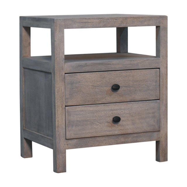 Weathered, contemporary bedside with two black-knob drawers and an open shelf. Rustic elegance meets everyday utility....