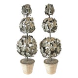 Vintage Italian Large Tole Potted Triple Ball Topiary Tree Sculptures / Plants With White Berries, a Pair For Sale