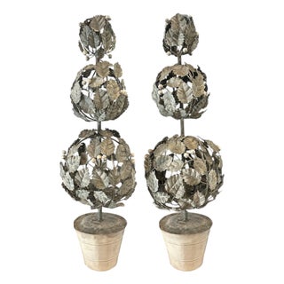 Vintage Italian Large Tole Potted Triple Ball Topiary Tree Sculptures / Plants With White Berries, a Pair For Sale
