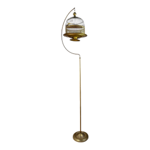Antique Hendryx Brass Wire Hanging Dome Bird Cage With Stand