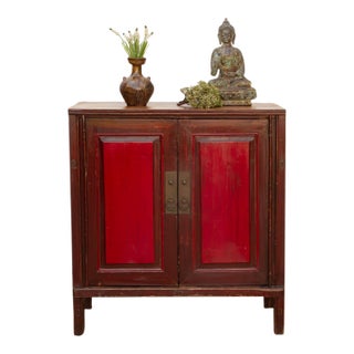 Painted Red Paneled Chinese Rustic Cabinet For Sale