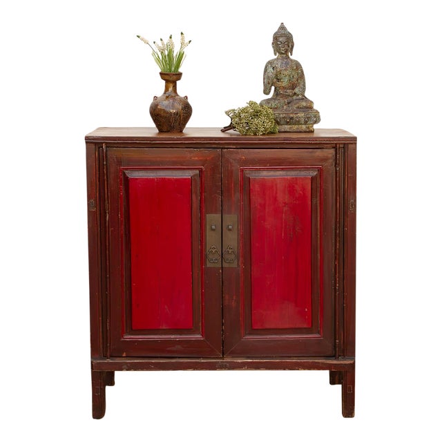 Painted Red Paneled Chinese Rustic Cabinet For Sale