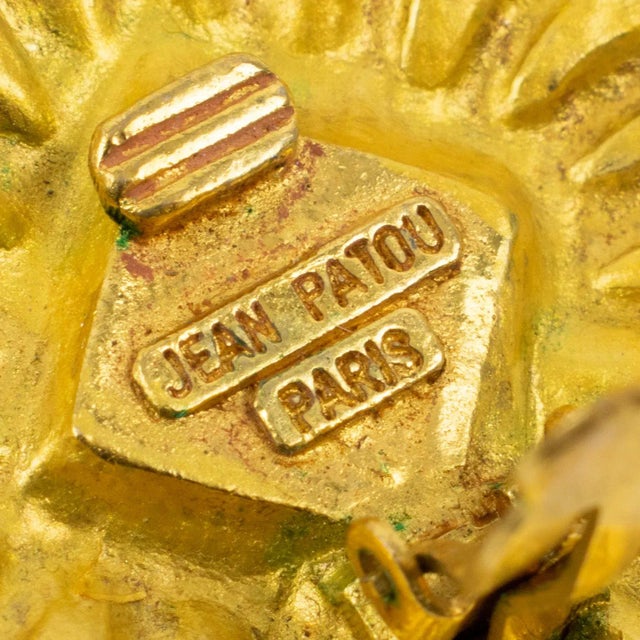 Jean Patou Paris Gilt Metal Sun Pair of Clip Earrings With Yellow Poured Glass Cabochon For Sale In Atlanta - Image 6 of 6
