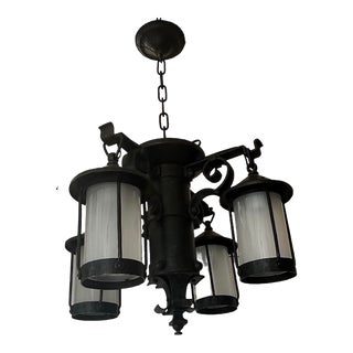 4 Lantern Craftsman Iron and White Cylinder Glass Chandelier in Original Black Paint, Circa 1920 For Sale