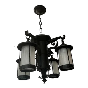4 Lantern Craftsman Iron and White Cylinder Glass Chandelier in Original Black Paint, Circa 1920