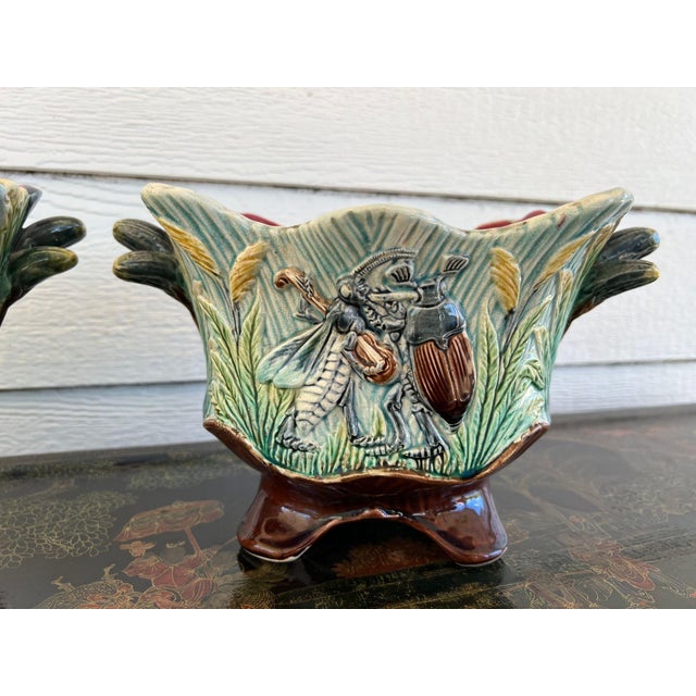 Victorian Pair Antique French Majolica Jardinières Insect Musician Cache Pot Planter C1880 For Sale - Image 3 of 18