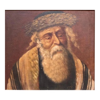 Unknown, Chassidic Rabbi with Shtreimel, Rare Judaica Oil Painting Signed in Hebrew For Sale