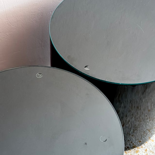 Postmodern Glass-Topped Black Rolling Cylinder Side Tables For Sale - Image 9 of 10