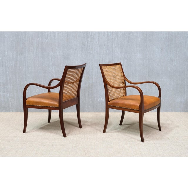 Armchairs in Mahogany, Cane, and Leather from Frits Henningsen, Denmark, 1931, Set of 2 For Sale - Image 14 of 16