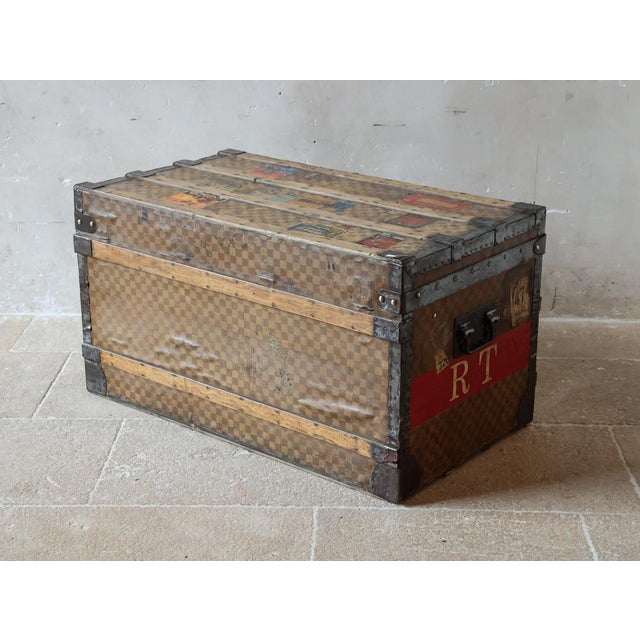 Antique Damier Steamer Trunk with Hotel Labels and Initials from Louis Vuitton, 1890s For Sale - Image 6 of 15