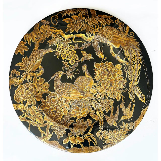 Chinoiserie Large Late 20th Century Asian Black Lacquer Gilt Wood "Bird" Charger on Stand, Hand Painted For Sale - Image 3 of 9