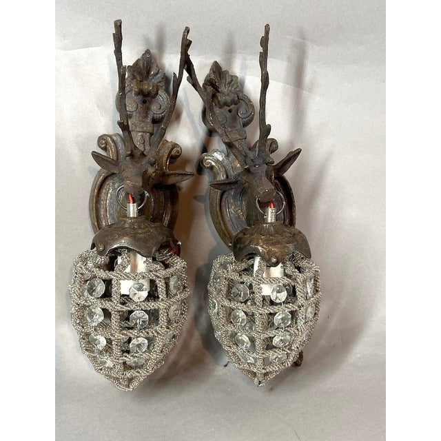 Late 20th Century Late 20th French Louis XVI Bronze Deer Wall Lamps Sconces Pair For Sale - Image 5 of 9