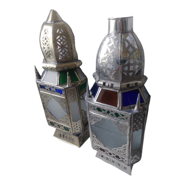 Vintage Moroccan Colored Glass Wall Sconce Shades - a Pair For Sale