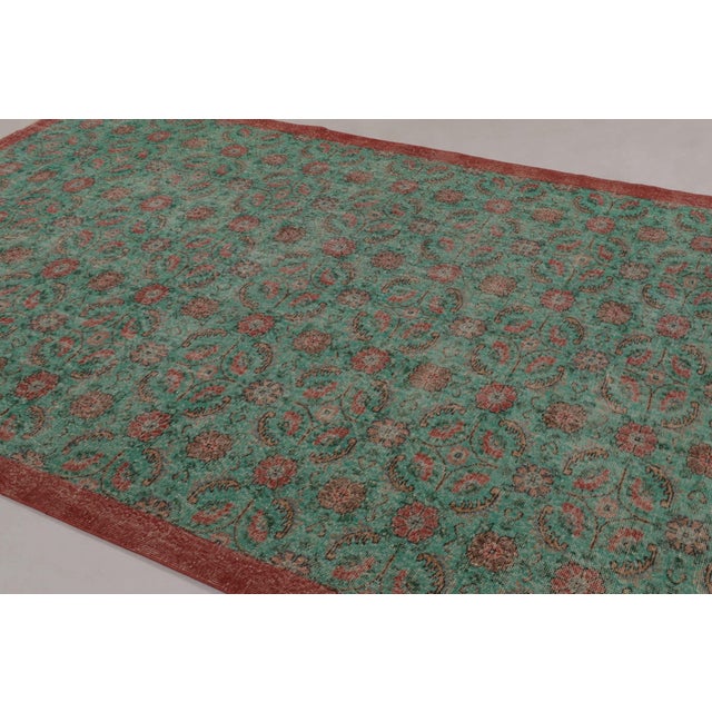 Teal Vintage Distressed Rug With Teal and Red Floral Patterns - Rug & Kilim For Sale - Image 8 of 10