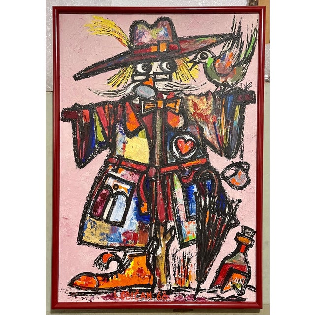 Folk Art Lazar Obican, Large Naive European Folk Art Oil Painting Lazar Obican French Scarecrow Clown, 1968 For Sale - Image 3 of 9