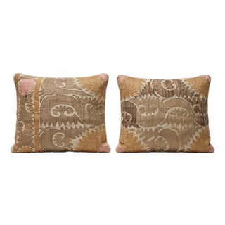 Beige Faded Suzani Bedding Pillow Cover 23'' X 27'' - Set of Two For Sale