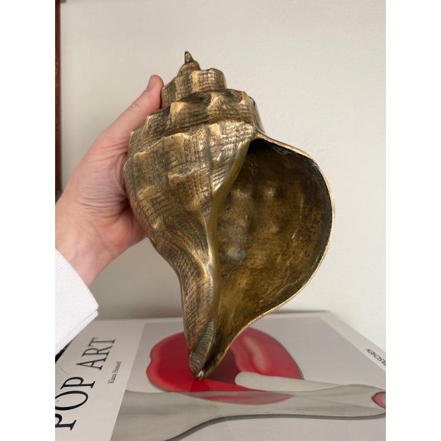 Vintage Solid Brass Seashell Sculpture — Large Coastal Modern Decorative Object For Sale - Image 4 of 4
