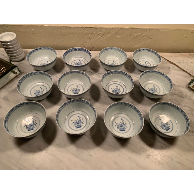 Here we have a lovely set of 12 vintage blue and white Chinese porcelain bowls. Excellent condition. Measures 4.5 inches...