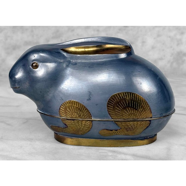 Chinoiserie Vintage Asian Pewter & Brass Figural Rabbit Storage Box For Sale - Image 3 of 9