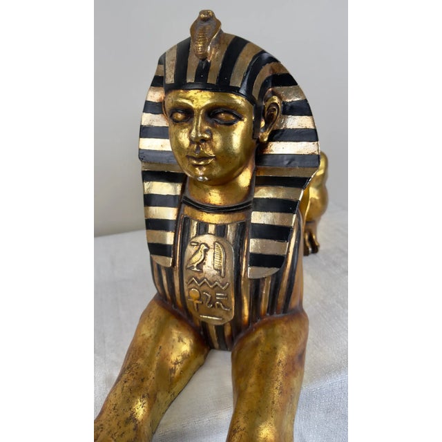 Wood Egyptian Hand Painted Gold Sphinx Statue For Sale - Image 7 of 11