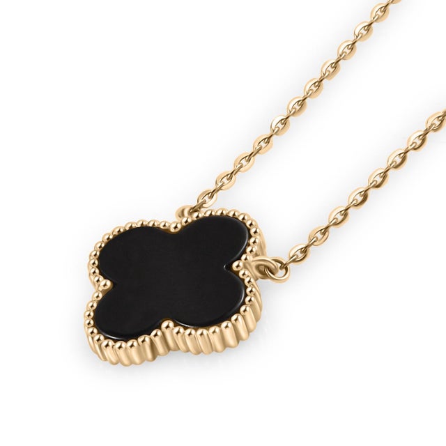 Art Deco 14k Gold Clover Leaf Black Onyx Necklace for Her, Protection Jewelry For Sale - Image 3 of 7