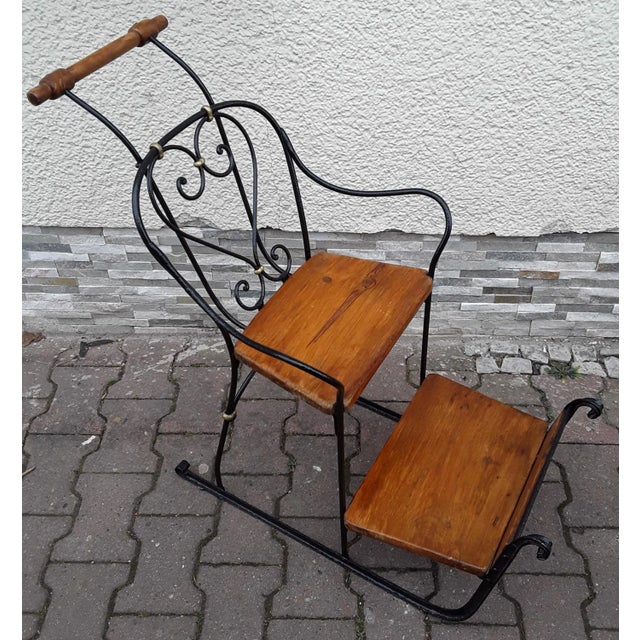 German Child's Carriage Seat with Wrought Iron Frame, Spruce Wood Handle and Spruce Wood Panels, 1900s For Sale - Image 6 of 8