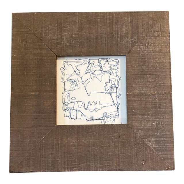 1980’s Original Wayne Cunningham Small Abstract Blue Ink Drawing Distressed Wood Frame For Sale