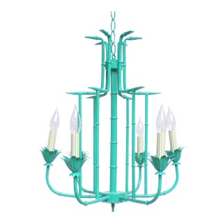 (Final Markdown) Palm Beach Regency Faux Bamboo Turquoise Lacquered Tole Chandelier For Sale