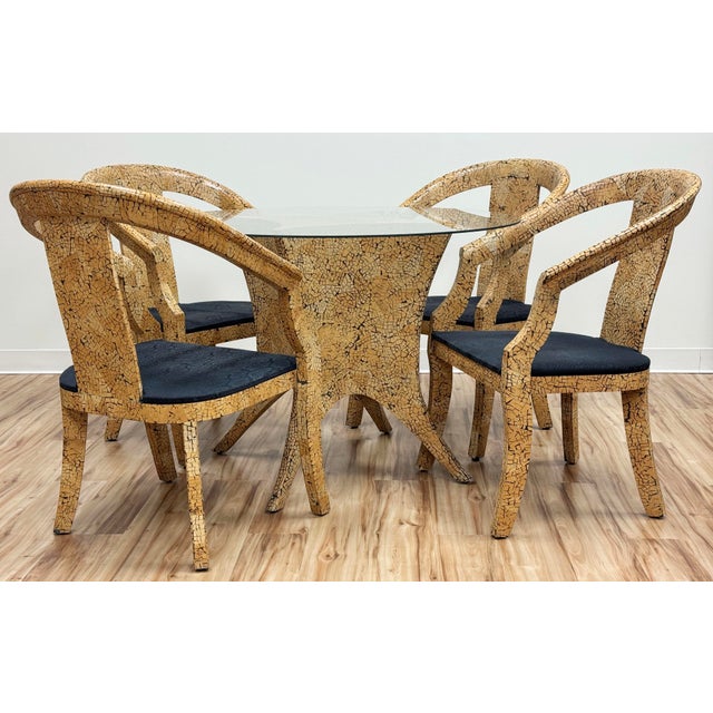 Unique tessellated inlaid coconut shell mosaic dining set with glass top table and four matching chairs. Clear lacquer...