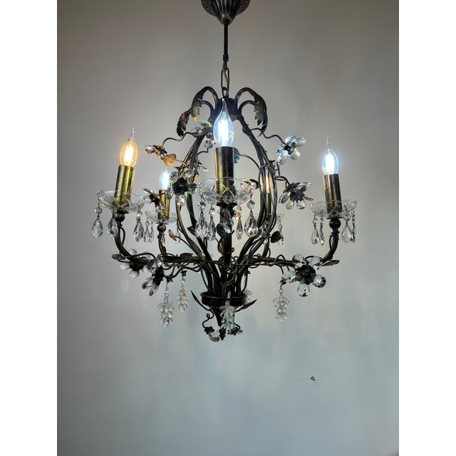 Large Vintage 1990s Wrought Iron Floral Chandelier With Crystal Flowers & Grape Details For Sale - Image 10 of 18