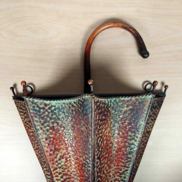 Hammered Metal Umbrella Holder Planter Wall Hanging Textured Patina Umbrella Art For Sale - Image 4 of 9