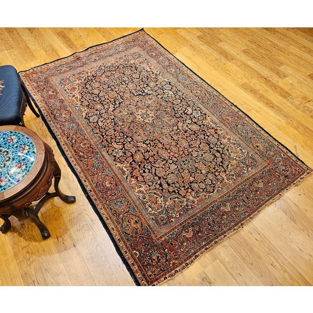 Vintage Persian Kashan Rug, Hand-Knotted Wool, Floral Pattern, Navy & Blue, 5x7 For Sale - Image 9 of 17