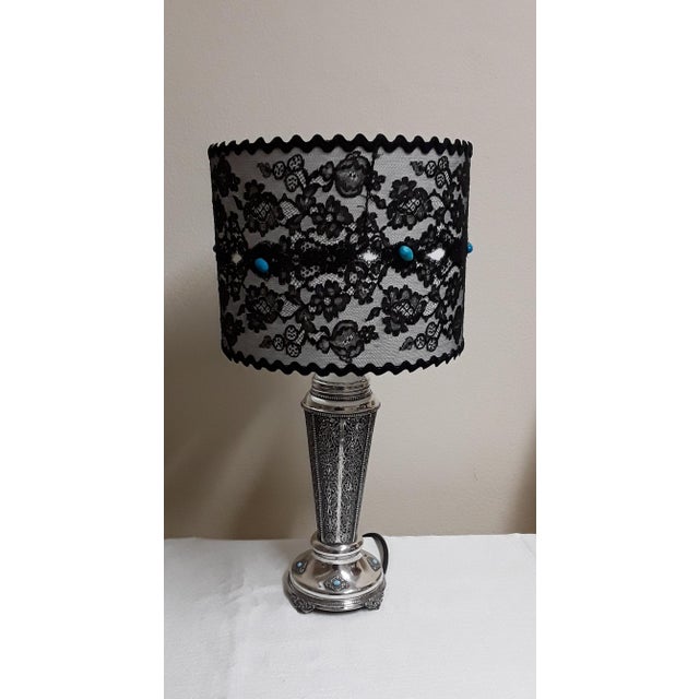 Antique Table Lamp with Silver-Plated Filigree Metal Frame and Turquoise Inserts, 1890s For Sale - Image 3 of 11