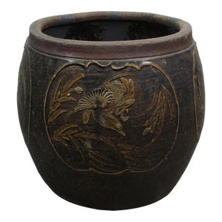 Dark Brown Glazed Earthenware Planter With Hand Painted Mystic Birds and Plants For Sale