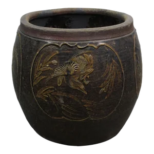 Dark Brown Glazed Earthenware Planter With Hand Painted Mystic Birds and Plants