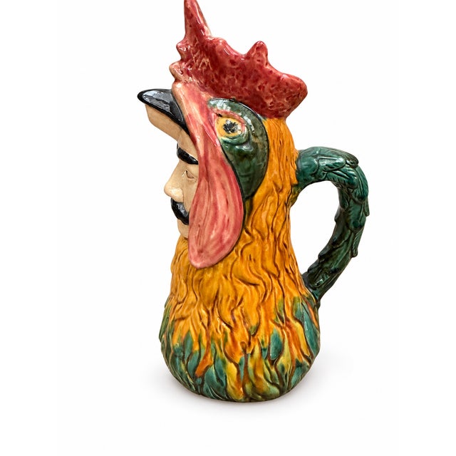 Orange Figurative Pitcher in Polychrome Earthenware of Rooster with a Hidden Mans Face, 1890s For Sale - Image 8 of 8