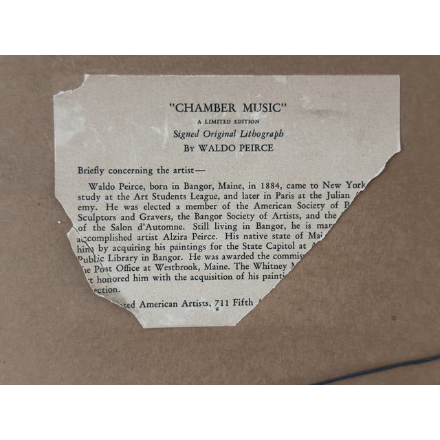 Waldo Peirce "Chamber Music" 1940s Signed Original Lithograph Associated American Artists, Framed For Sale - Image 4 of 8