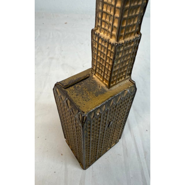 1910s Antique 1910 Gold Tone Cast Iron Still Coin Penny Bank Woolworth Building Kenton For Sale - Image 5 of 10
