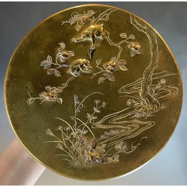 Fine Antique Meiji Japanese Mixed Metal Display Plate Charger Bronze Gilt Monkey For Sale - Image 13 of 13