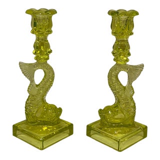 Pair Yellow Green Vaseline Glass Koi Fish Dolphin Stem Candlesticks, Mma Museum of Modern Art For Sale