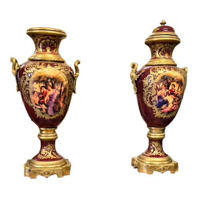 French Porcelain Burgundy Decorative Vase With Hand-Painted Musical Scene, Gold Leaf & Bronze Accents For Sale